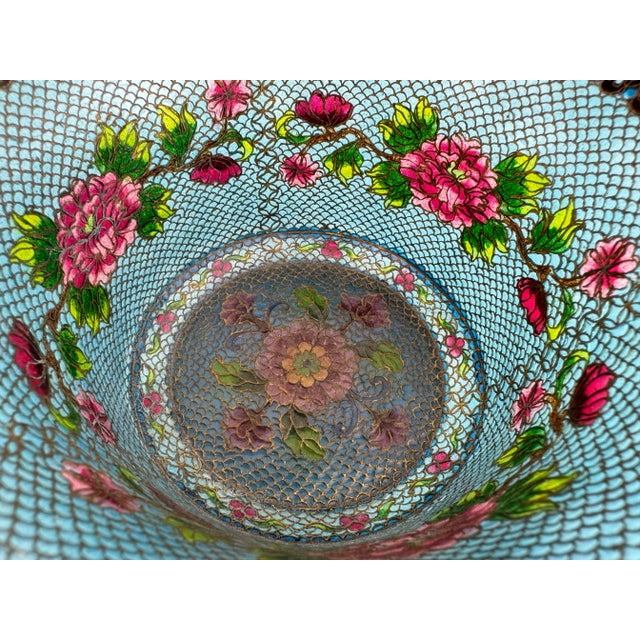Vintage Mid 20th Century Chinese Cloisonné Decorative Bowl in Brilliant Sky Blue With Floral Motif For Sale - Image 4 of 16