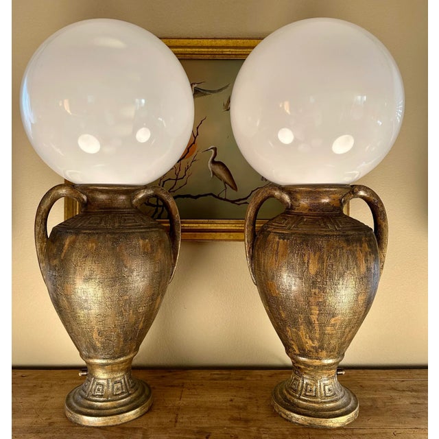 Metal Vintage 1980s Gold Black Greek Key Amphora Urn Globe Table Lamps - a Pair For Sale - Image 7 of 13