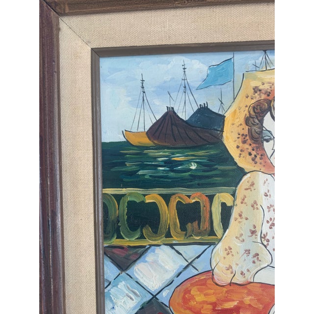 Vintage contemporary painting on board, signed and framed. Seaside restaurant cafe scene.