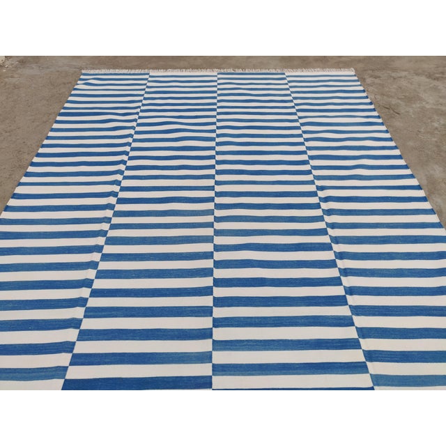 Textile Handmade Cotton Striped Rug, Up Down Stripe Blue and White - 11'x11' For Sale - Image 7 of 10