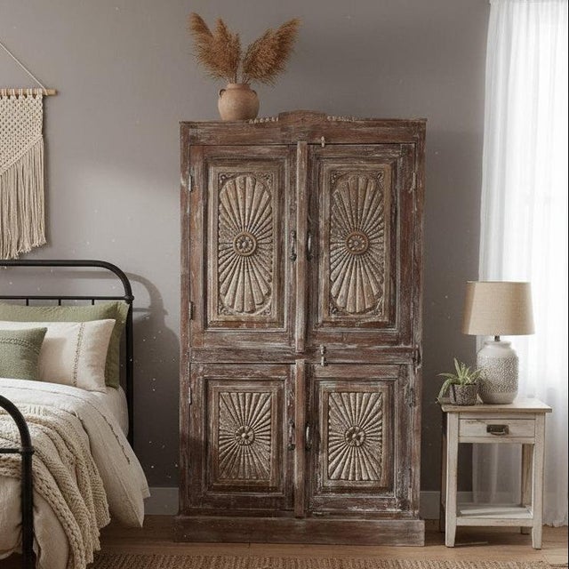 1920s Antique Hand-Carved Rustic Armoire With Brass Stud Detailing – Vintage Statement Cabinet 76x43 For Sale - Image 5 of 5