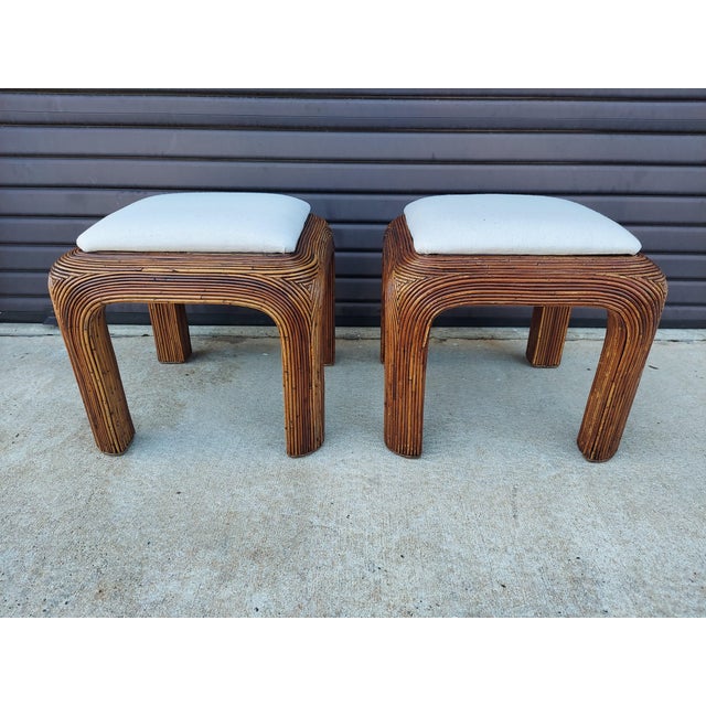 Tan 1970s Pair of Mid Century Modern Pencil Reed Rattan Stools For Sale - Image 8 of 12