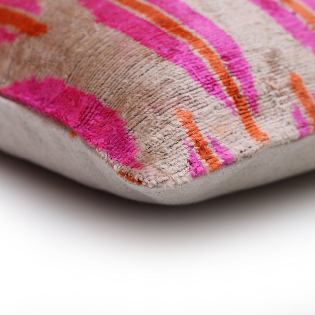 Textile Hand-Knotted Silk Velvet Ikat Lumbar Pillow - 16x24 Fuchsia & Saffron For Sale - Image 7 of 7
