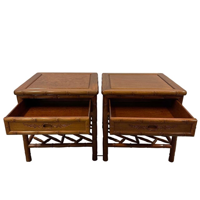 Asian Mid 20th Century Pair of Vintage Chinese Carved Rosewood Night Stand/End Table For Sale - Image 3 of 13