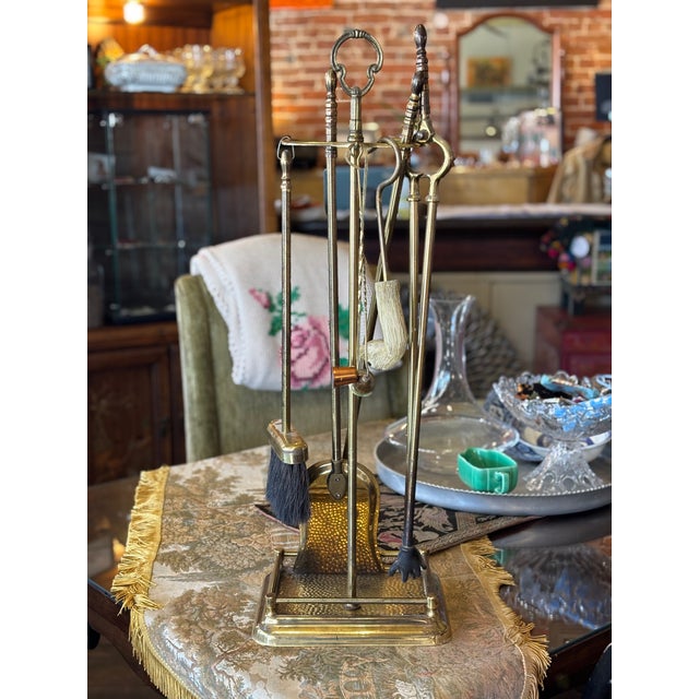 English Vintage Brass 7- Piece Fireplace Tool Set For Sale - Image 3 of 8