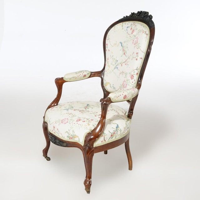 Victorian Antique Pair Victorian Carved Rosewood Parlor Arm Chairs, Circa 1890 For Sale - Image 3 of 18