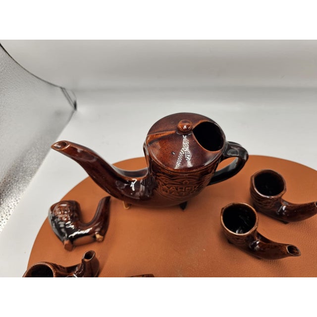 Ceramic rakija set, carafe and 6 glasses, Bulgaria 1970s, dimensions: jug height 14.5 cm, width 19 cm, depth 7.5 cm....