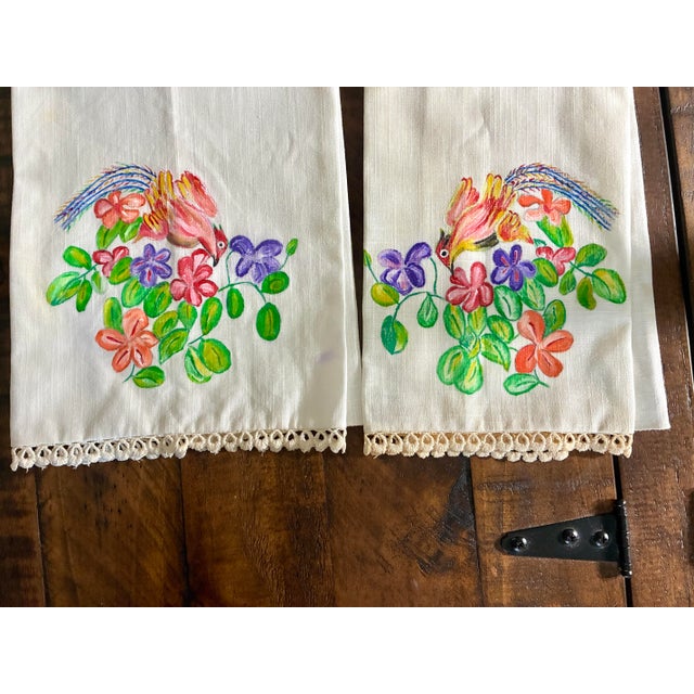 1960s Vintage Hand Painted Hand Towel / Tea Towels or Kitchen Towel Lace Trim Ivory With Floral Bird Painting For Sale - Image 5 of 9