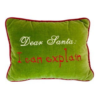 1980s Vintage Hollywood Regency Boho Chic Christmas Santa I Can Explain Pillow For Sale