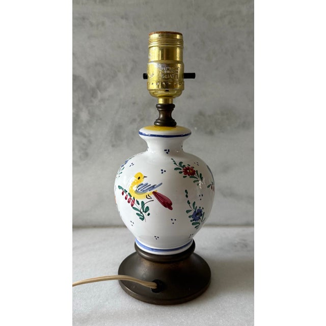 Farmhouse Vintage Faience Small Table Lamp With Hand Painted Birds For Sale - Image 3 of 11