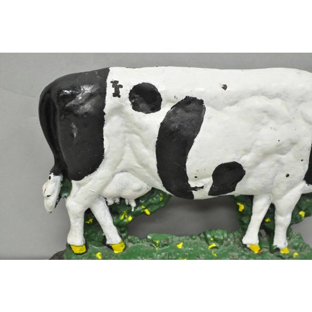 Antique Black and White Dairy Cow Cast Iron Painted Large Figural Door Stop For Sale - Image 4 of 9