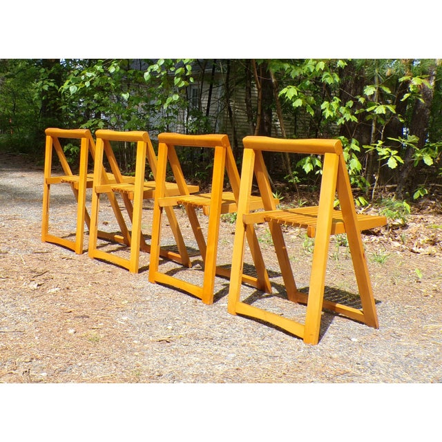 Wood Vintage Mid Century Trieste Style Folding Slat Chairs Romania Aldo Jacober - Set 4 For Sale - Image 7 of 11
