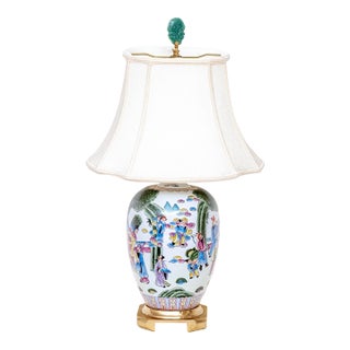 Chinese Famille Rose Porcelain Ovoid Vase Table Lamp | Celestial Court Figures | Carved Jade Finial | Mid-20th Century For Sale
