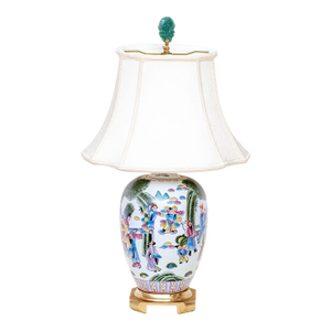 Chinese Famille Rose Porcelain Ovoid Vase Table Lamp | Celestial Court Figures | Carved Jade Finial | Mid-20th Century
