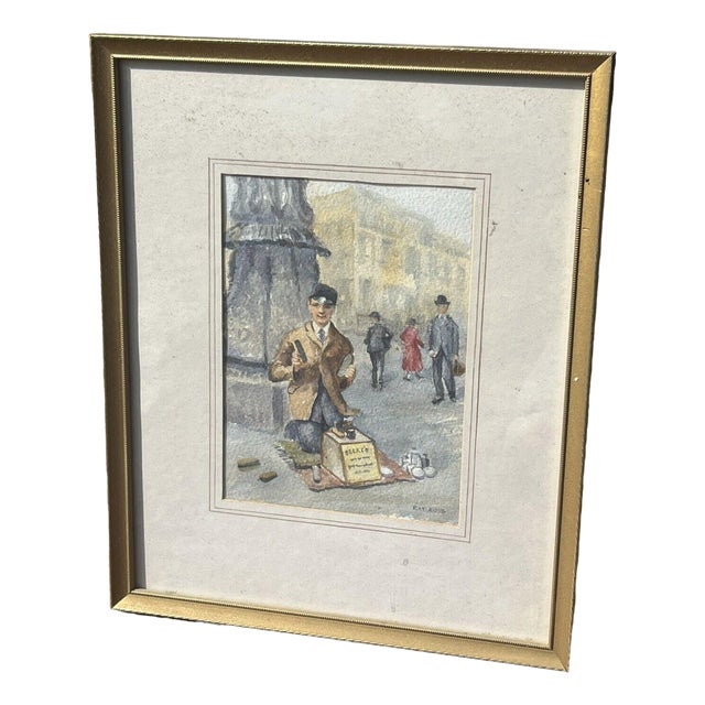 London Characters. Framed & Signed Watercolour by Ray Ross. Shoe Shine For Sale