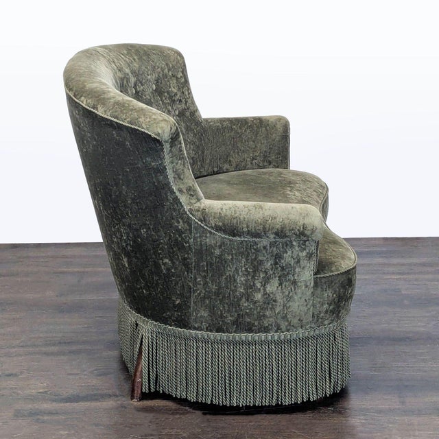 Vintage Green Velvet Loveseat With Button Back and Fringe Skirt For Sale - Image 4 of 7