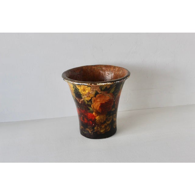 Pulvermacher Style Art Nouveau Paper Mache Floral Decoupage Cachepot Wastebasket Vintage For Sale - Image 13 of 14