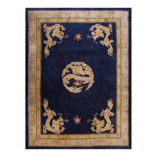 1930s Blue Navy Dragon Traditional Antique Chinese Peking Rug 8' X 10'10" Hand Knotted Wool Carpet For Sale