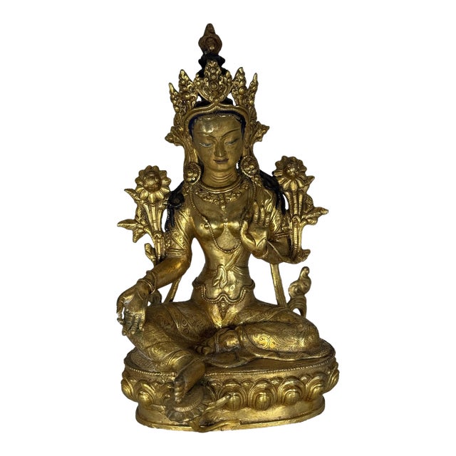 Antique Tibetan Gilt Bronze Green Tara (Syamatara) Seated on Lotus Throne For Sale