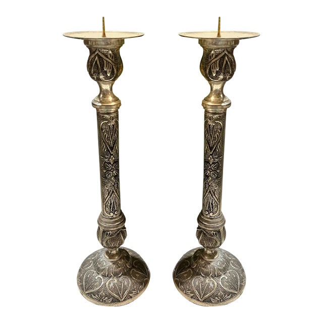 Pair of 1970s Silver-Tone Metal Tall Etched Candleholders For Sale