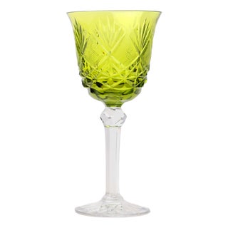 Vintage Bohemian Lime Peridot Cut to Clear Wine Water Goblet, 1950s, Set of 10 For Sale