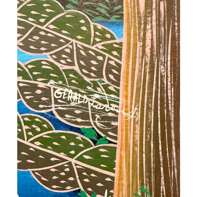 Popular Naive style painting signed Gerald Lareny. Acrylic on masonite. The painting itself is a typical Haitian folk art...