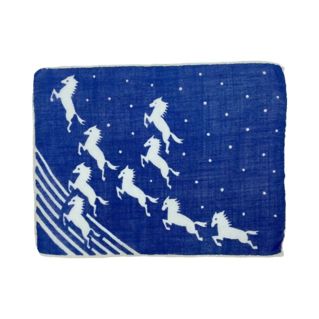 Vintage Set 3 Equestrian Horses Cocktail Napkins Blue Linen Barware For Sale - Image 10 of 13