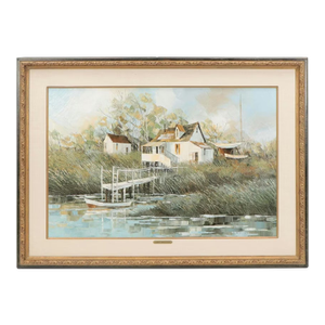 Albert Swayhoover Original Signed Coastal Home Landscape Oil Painting 1968, Framed