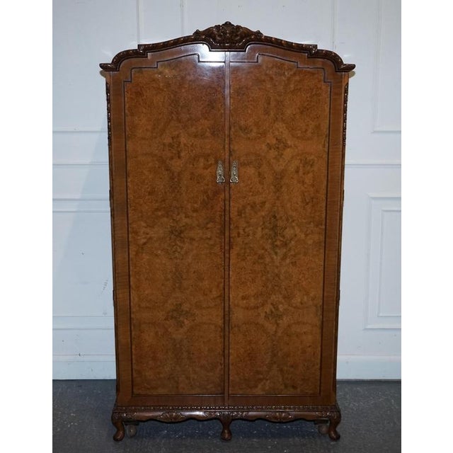 English Victorian Queen Anne Art Deco Burr Walnut 2-Door Wardrobe For Sale - Image 4 of 18