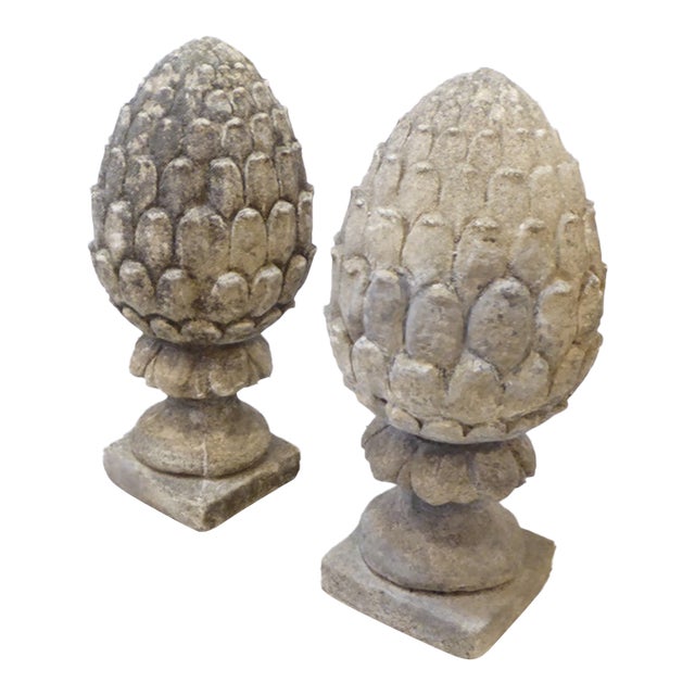 Vintage Cement Acorn Garden Finials - A Pair For Sale