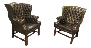 Georgian Style Gentleman's Wing Back Chesterfield Chairs in Leather, 1920, Set of 2