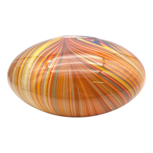 Glass Italian Cased Swirl Art Glass Bowl Vase Orange Yellow 11" Hand Blown For Sale - Image 7 of 10