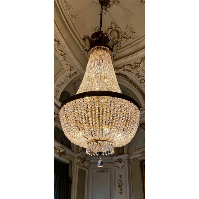 Monumental Bronze and Cut Crystal Basket Chandelier, 1930s For Sale - Image 4 of 7