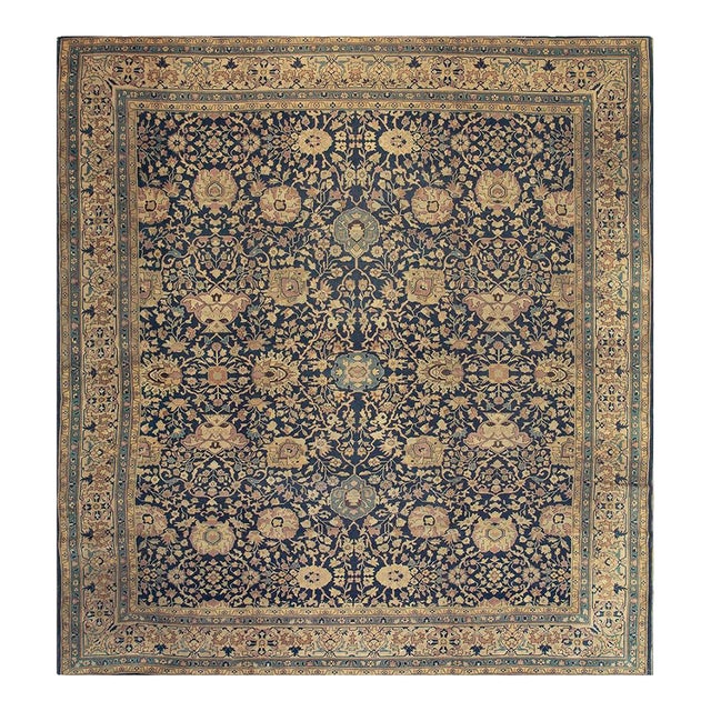 1880s Antique Navy Square Islimi Floral Finely Knotted Wool Persian Tabriz Rug For Sale