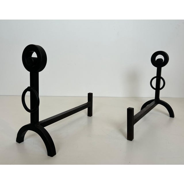 Pair of modernist wrought iron andirons For Sale - Image 4 of 12