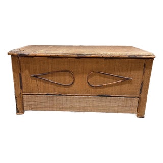 Vintage Woven Rattan or Wicker Storage Trunk Blanket Chest Mid Century For Sale