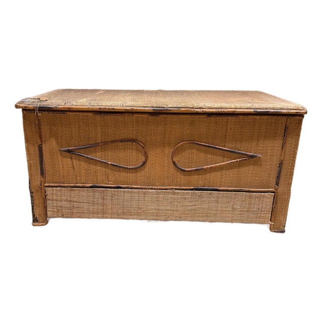Vintage Woven Rattan or Wicker Storage Trunk Blanket Chest Mid Century For Sale