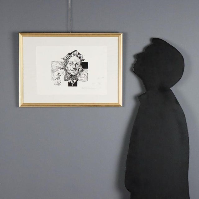 Mixed media (ink and pencil) on paper. Signed lower right. The page title "Eolo, king of the winds, man of exquisite...