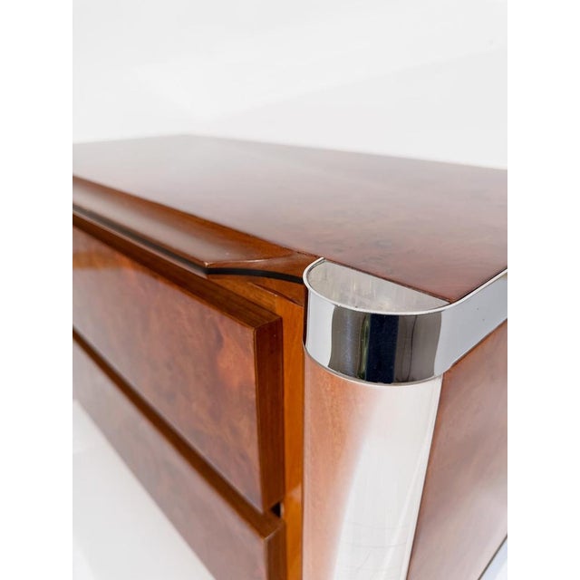 Wood Mid-Century Burl Wood, Chrome and Acrylic Glass Nightstands, 1970s, Set of 2 For Sale - Image 7 of 18