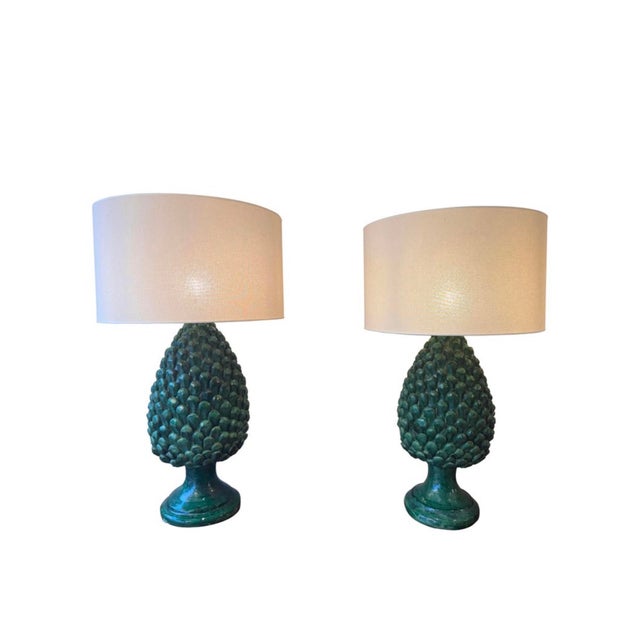 Large Glazed Ceramic Pine Cones Table Lamps, 1960s, Set of 2 For Sale - Image 6 of 6