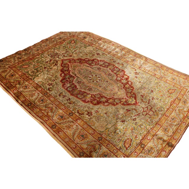 Traditional Antique Kayseri Geometric Beige Gold and Red Silk Floral Rug - Medallion Style For Sale - Image 3 of 7