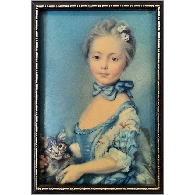 Rococo Famous "Girl With a Cat" (1745) French Rococo Antique Painting - Enamel Porcelain Handmade Certified Collectible Wall Art (1930) For Sale - Image 3 of 6