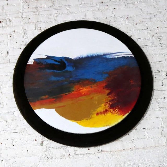 Abstract Round Acrylic Canvas Painting Mounted on Smoke Plexiglass by Ted R. Lownik For Sale - Image 4 of 13