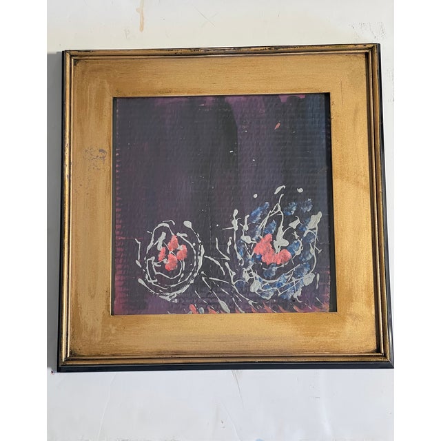 Abstract modern acrylic on paperboard Purple Abstract by Elia in a wide gold tone frame under glass.