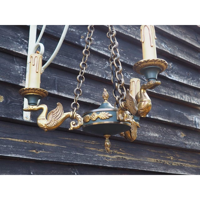 Traditional Mid-Century French Empire Style Bronze 3-Branch Swan Chandelier by Lucien Gau, 1970s For Sale - Image 3 of 18