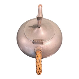 Vintage 1936 Swedish Art Deco Pewter Teapot Gab Rattan Handle Scandia Metalware For Sale
