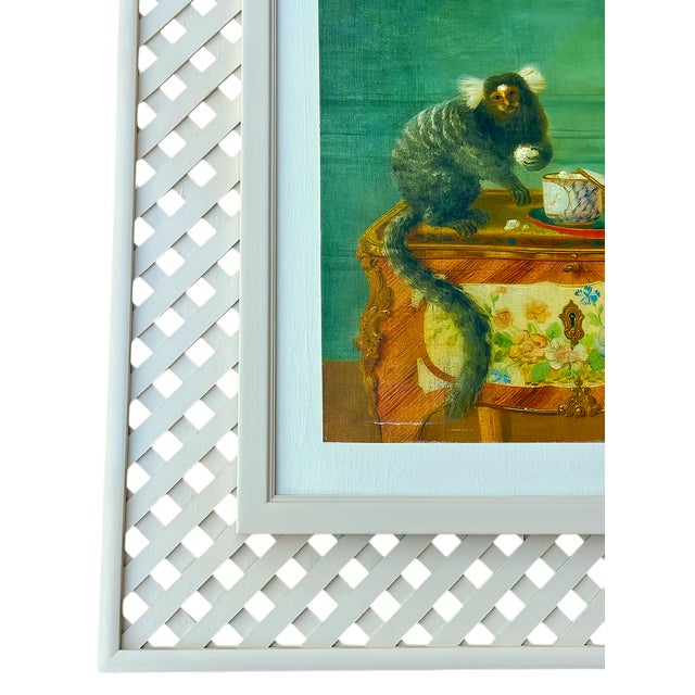 1980s Louis Tessier, a Marmoset Monkey Taking Sweets on a Painted Commode Giclée Reproduction Print on Canvas in Lattice Frame For Sale - Image 4 of 11