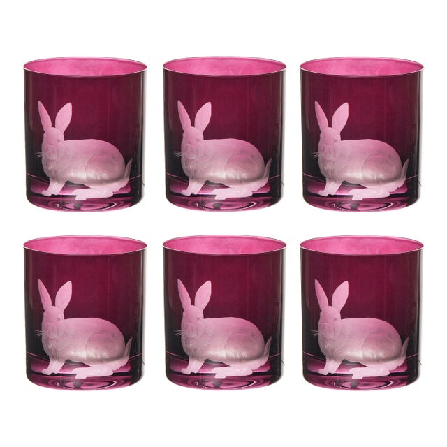 ARTEL Barnyard Collection Rabbit Double Old Fashioned Glasses in Fuchsia, Set of 6 For Sale