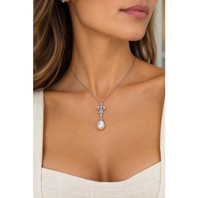 Vintage Platinum Diamond and 18mm Baroque Pearl Drop Necklace For Sale - Image 11 of 11