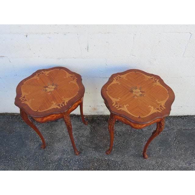 Early 1900s French Carved Inlay Round Side End Tables a Pair 6375a For Sale - Image 13 of 14
